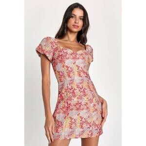 Lulus Sweetest Essence Blush Floral Jacquard Puff Sleeve Mini Dress Pink